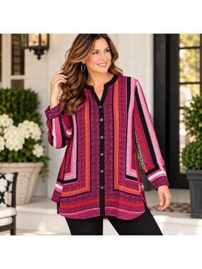 Susan Graver Womens 12 Pink Black Geometric Print Button Front Tunic Blouse Top